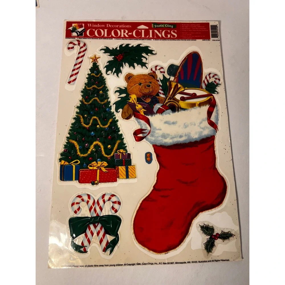 Vintage 1996 Color-Clings Christmas Window Clings Santa Nativity Bears Lot of 5